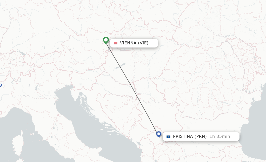 Flights from Vienna to Pristina route map