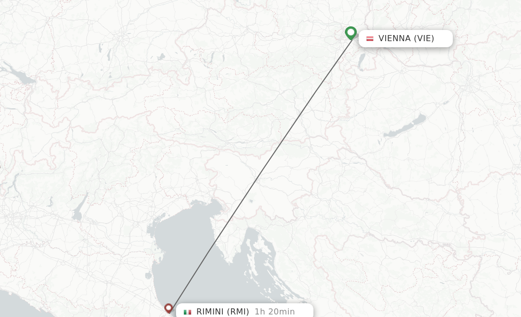 Flights from Vienna to Rimini route map