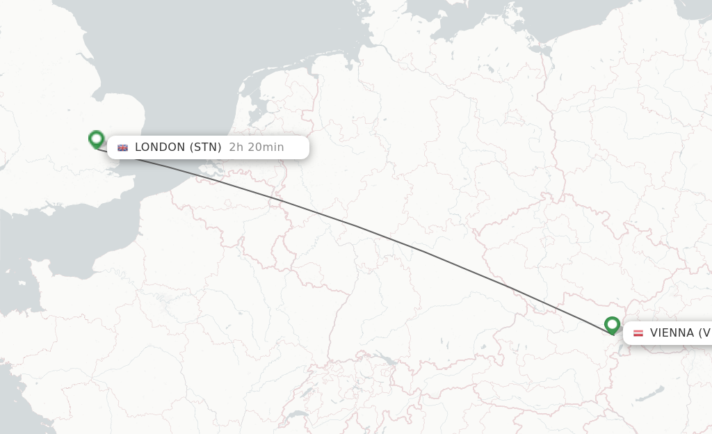 Flights from Vienna to London route map