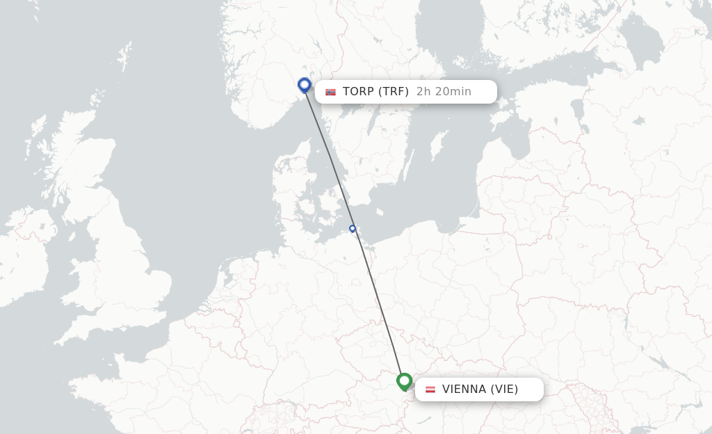 Flights from Vienna to Torp route map