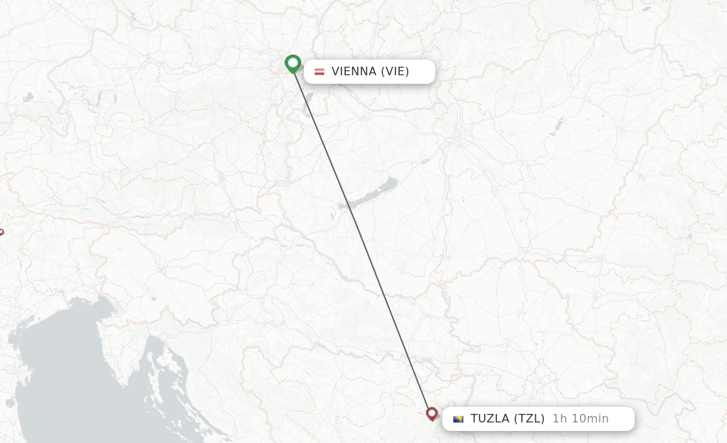 Flights from Vienna to Tuzla route map