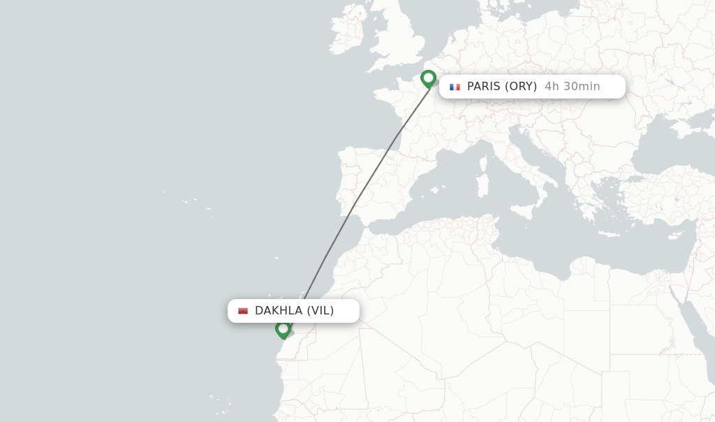 Flights from Dakhla to Paris route map
