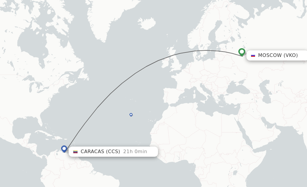 Flights from Moscow to Caracas route map