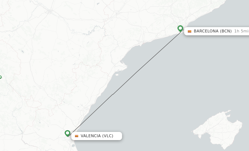 Flights from Valencia to Barcelona route map