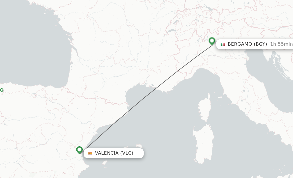 Flights from Valencia to Milan route map