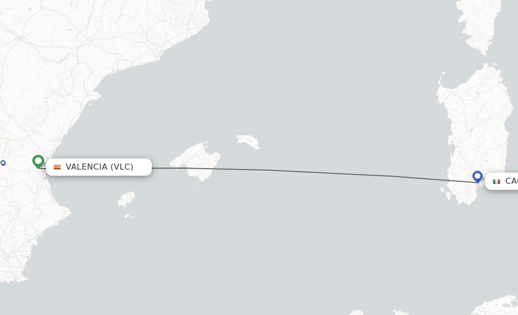 Flights from Valencia to Cagliari route map