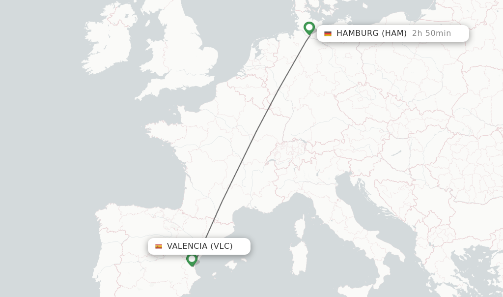 Flights from Valencia to Hamburg route map