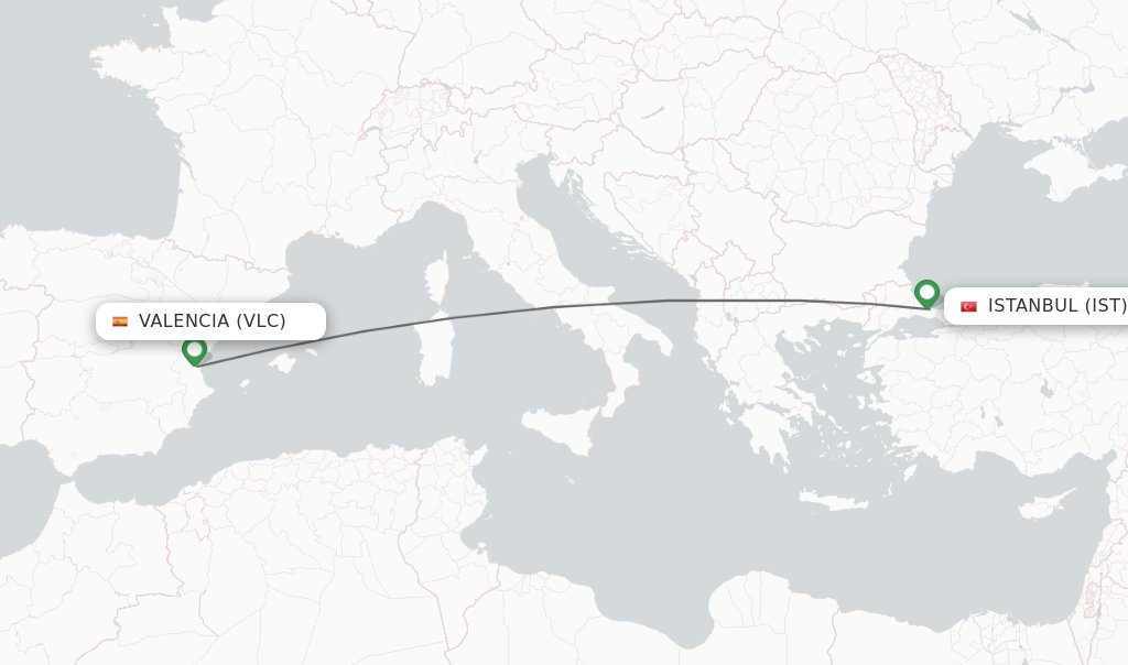 Flights from Valencia to Istanbul route map