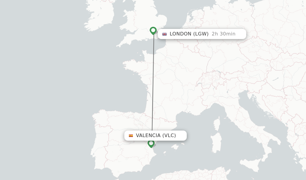 Flights from Valencia to London route map