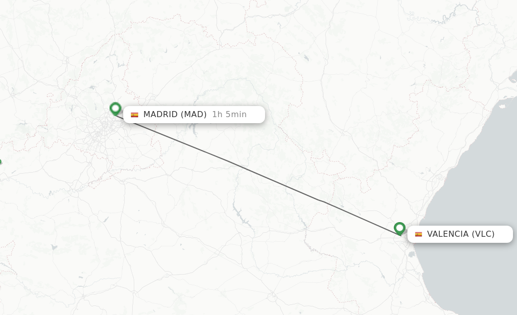 Flights from Valencia to Madrid route map