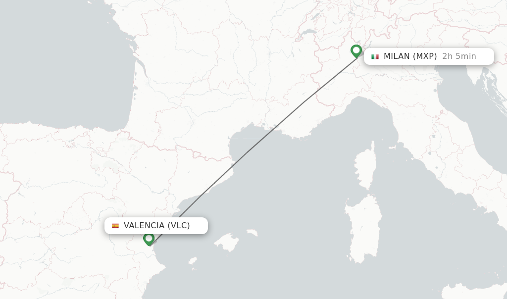 Flights from Valencia to Milan route map
