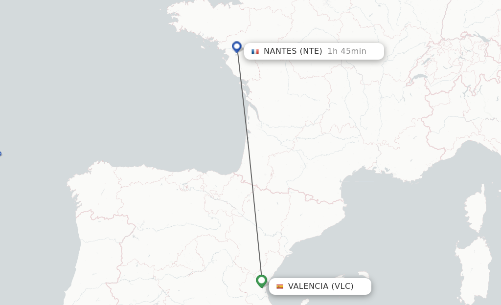 Flights from Valencia to Nantes route map