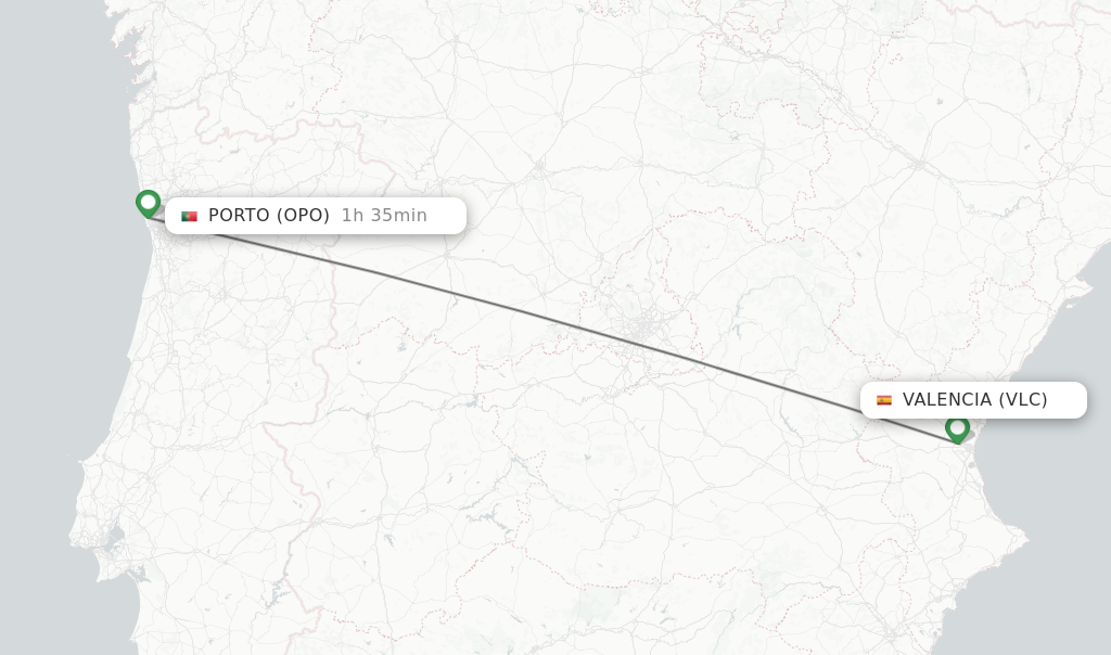 Flights from Valencia to Porto route map