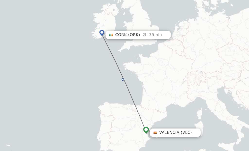 Flights from Valencia to Cork route map