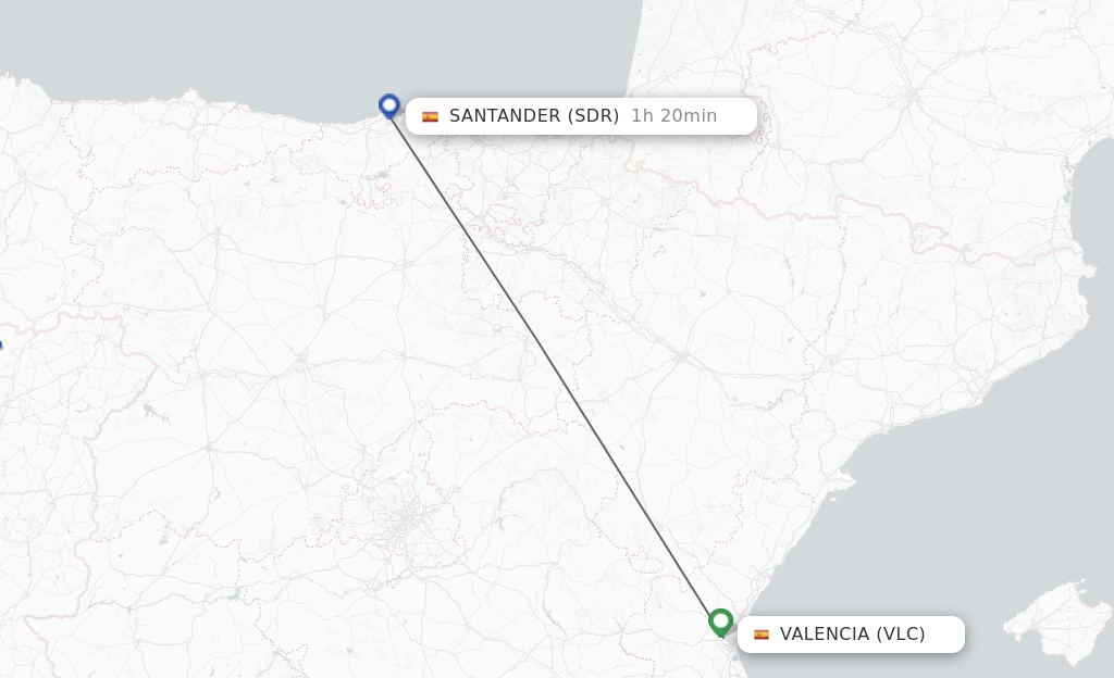 Flights from Valencia to Santander route map