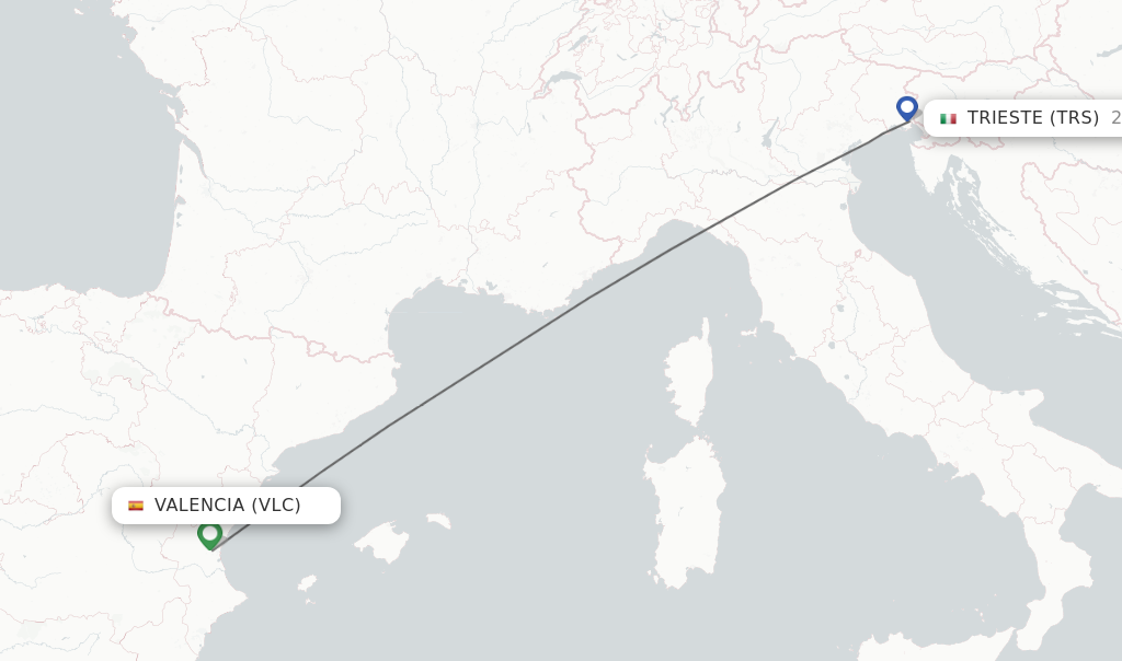 Flights from Valencia to Trieste route map