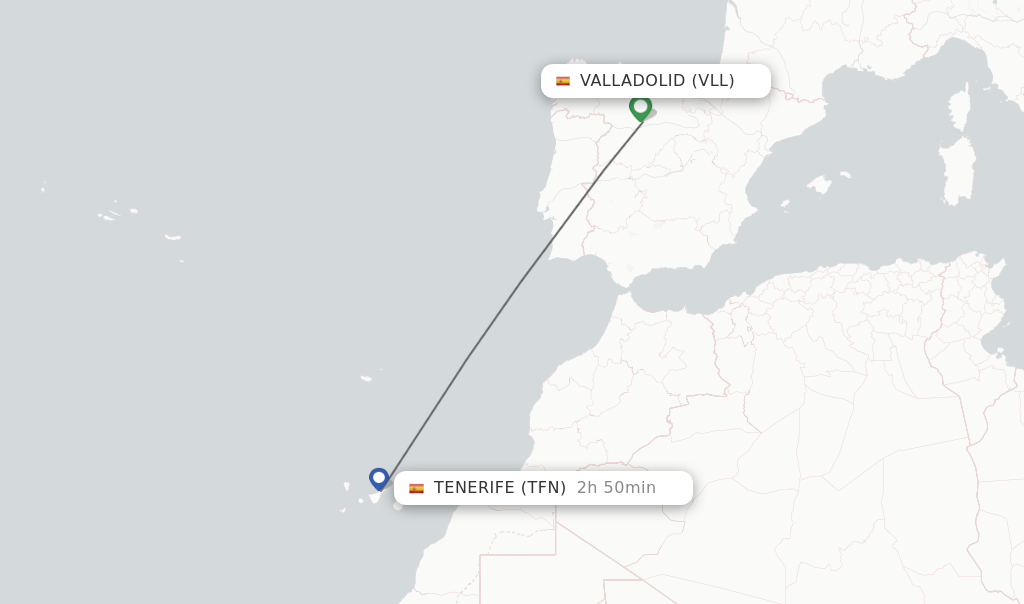 Flights from Valladolid to Tenerife route map