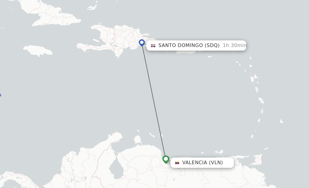 Flights from Valencia to Santo Domingo route map