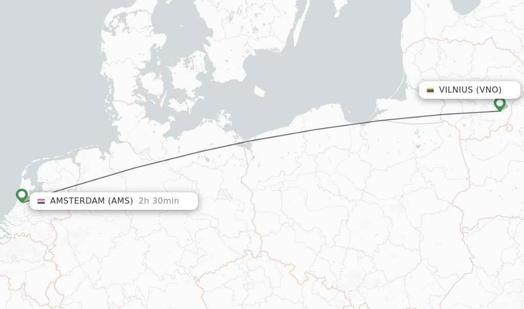 Flights from Vilnius to Amsterdam route map