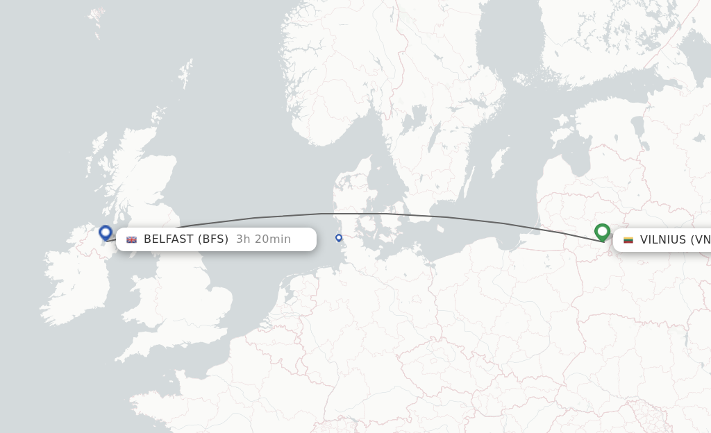 Flights from Vilnius to Belfast route map
