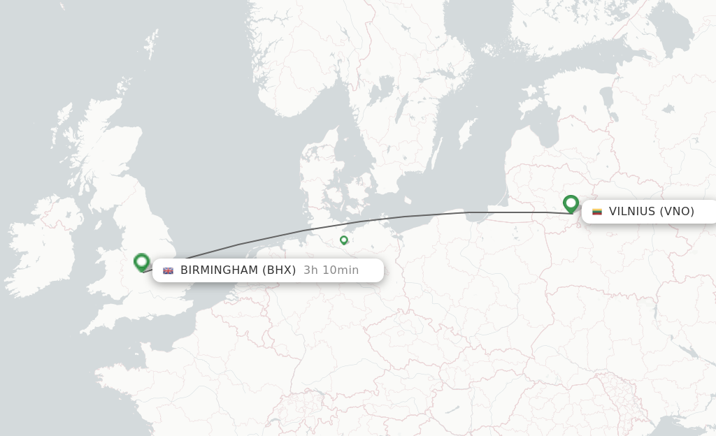 Flights from Vilnius to Birmingham route map
