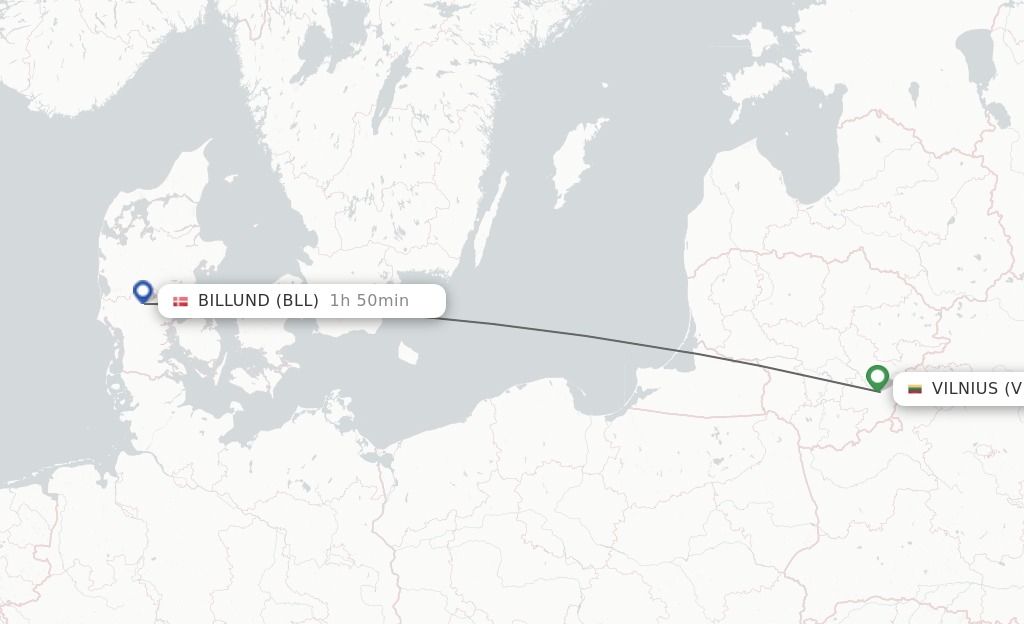 Flights from Vilnius to Billund route map