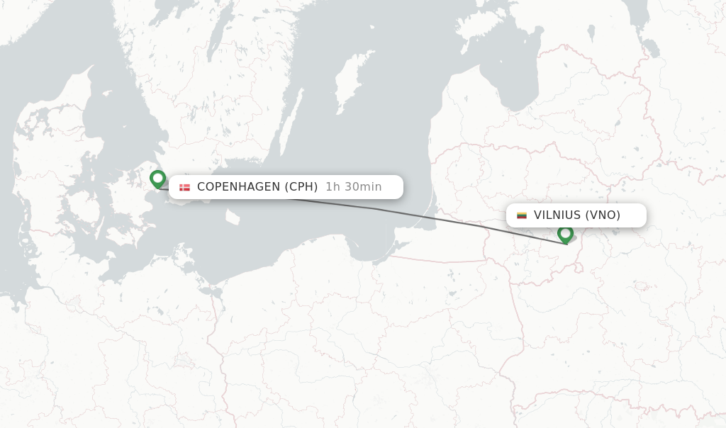 Flights from Vilnius to Copenhagen route map