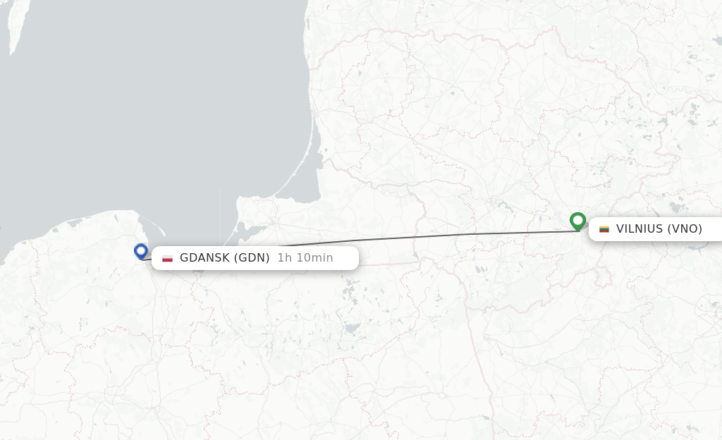 Flights from Vilnius to Gdansk route map
