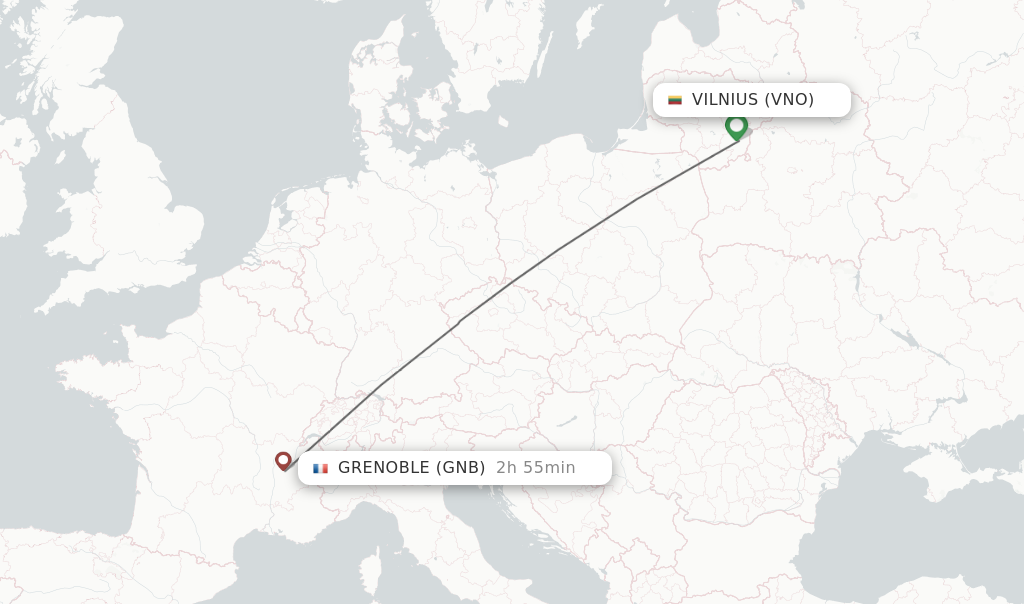 Flights from Vilnius to Grenoble route map
