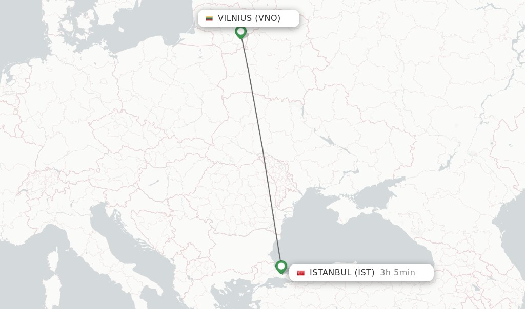 Flights from Vilnius to Istanbul route map
