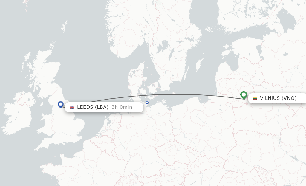 Flights from Vilnius to Leeds route map