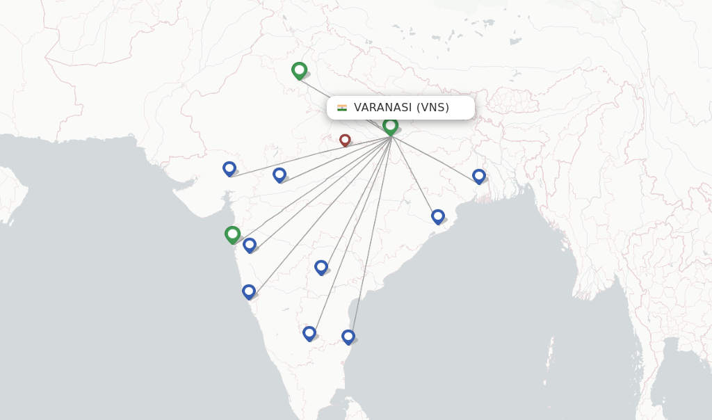 Route map with flights from Varanasi with IndiGo