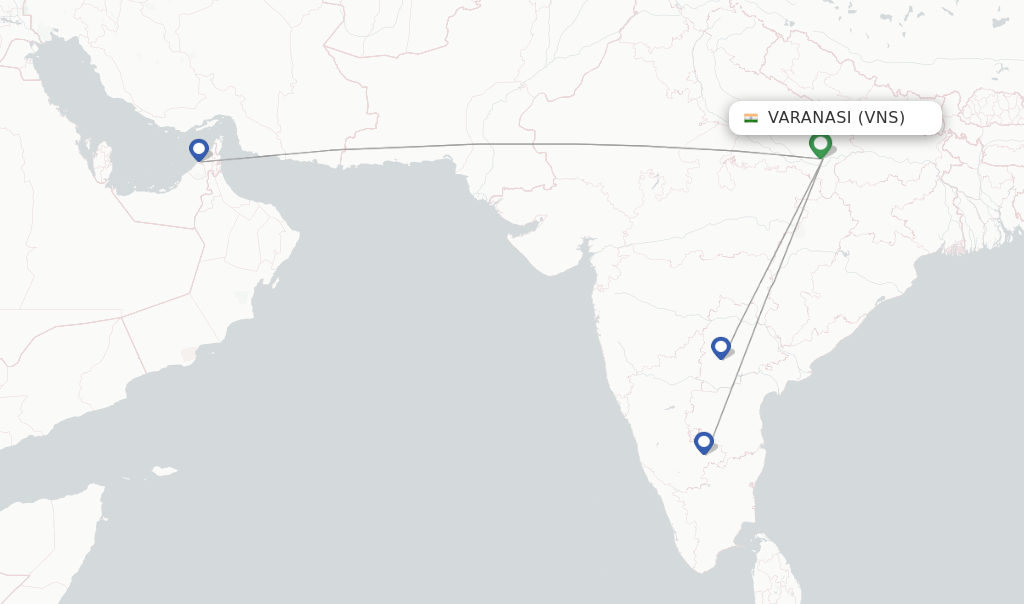 Route map with flights from Varanasi with Air India Express