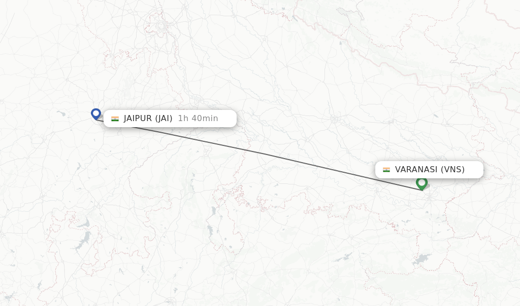 Flights from Varanasi to Jaipur route map