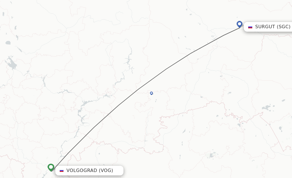 Flights from Volgograd to Surgut route map