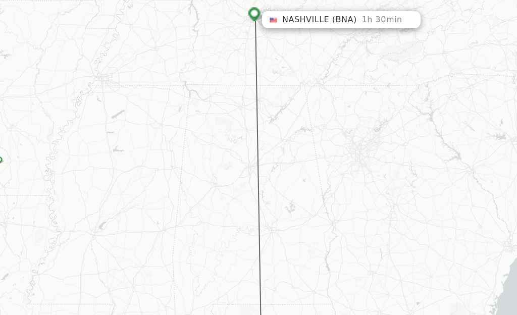 Flights from Fort Walton Beach to Nashville route map
