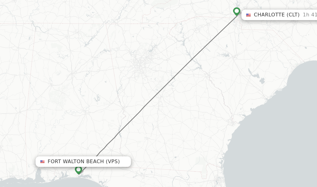 Flights from Fort Walton Beach to Charlotte route map