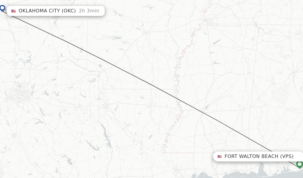 Flights from Fort Walton Beach to Oklahoma City route map