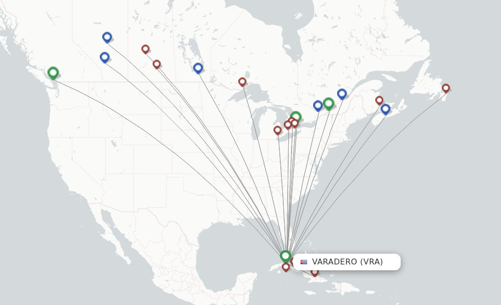 Route map with flights from Varadero with Sunwing Airlines