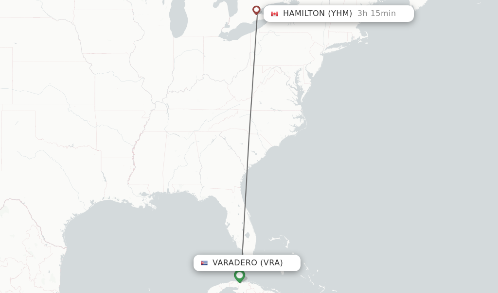 Flights from Varadero to Hamilton route map