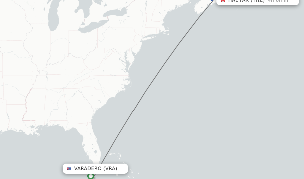 Flights from Varadero to Halifax route map