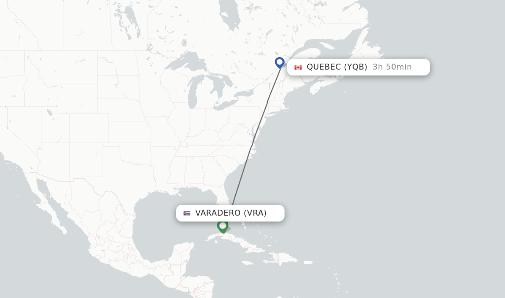Flights from Varadero to Quebec route map