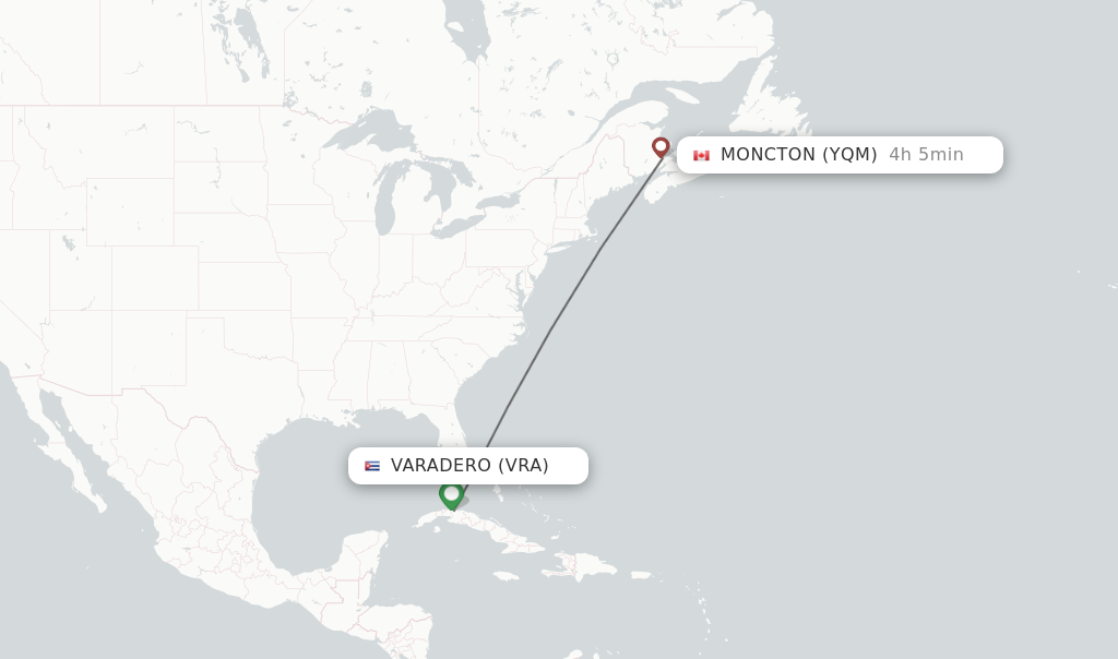 Flights from Varadero to Moncton route map