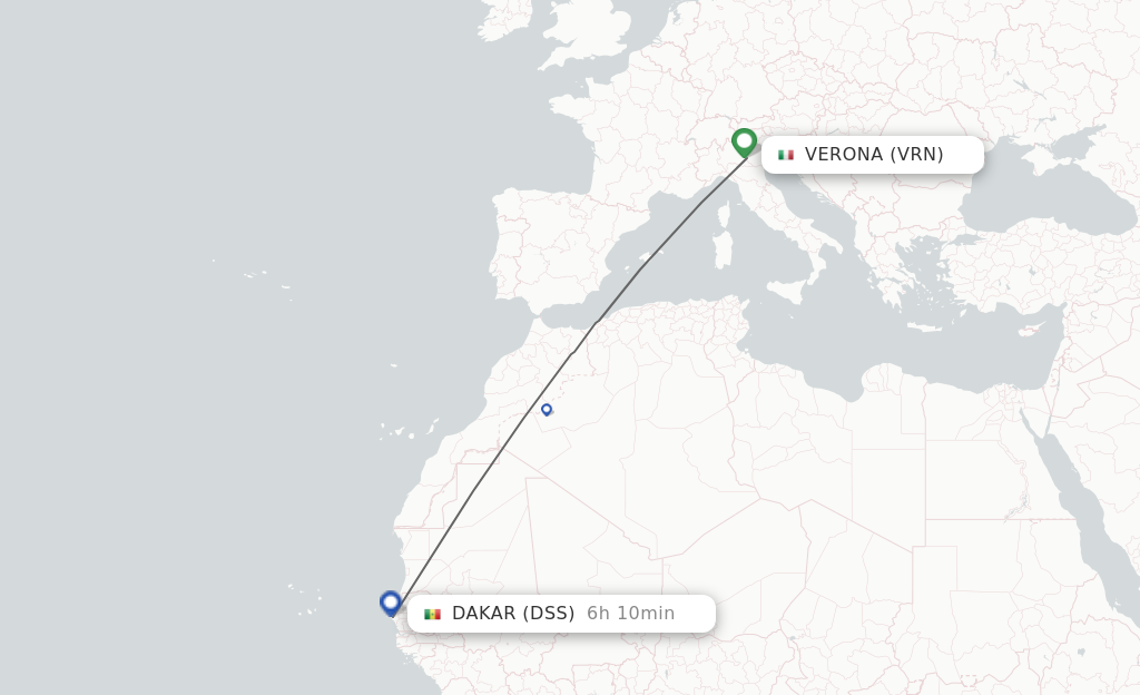 Flights from Verona to Dakar route map