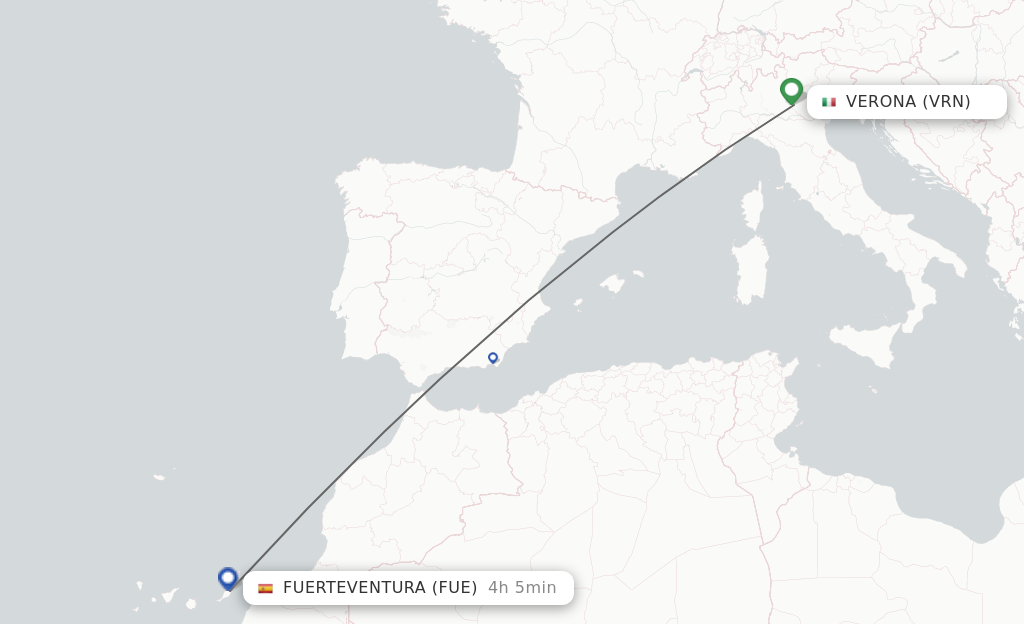 Flights from Verona to Puerto del Rosario route map