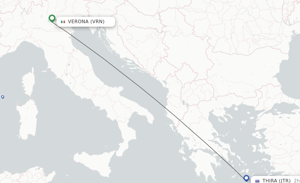Flights from Verona to Thira route map