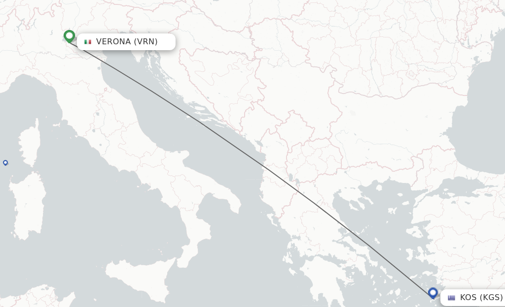 Flights from Verona to Kos route map