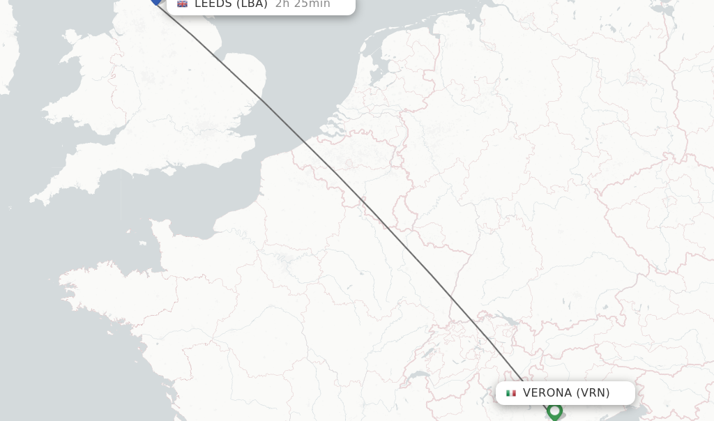 Flights from Verona to Leeds route map