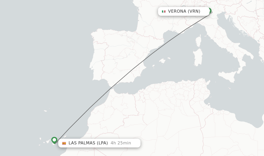 Flights from Verona to Las Palmas route map