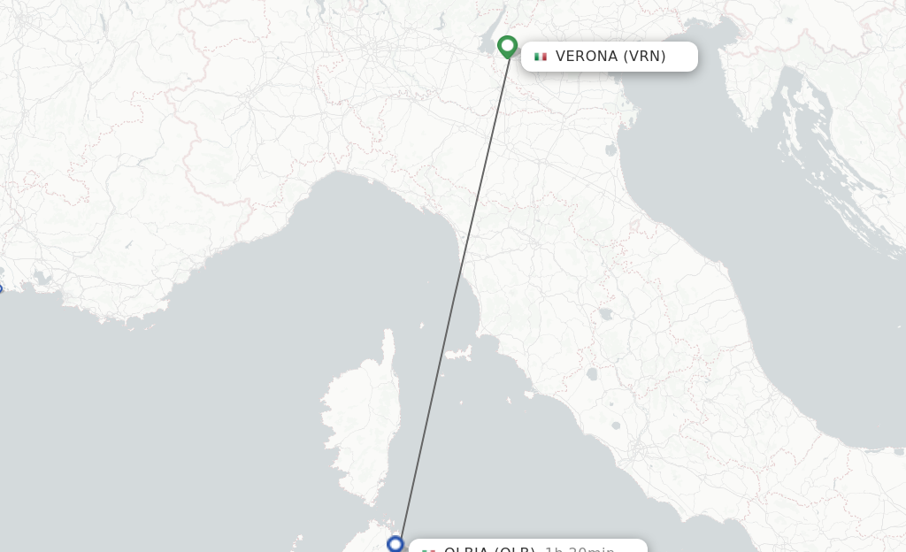 Flights from Verona to Olbia route map